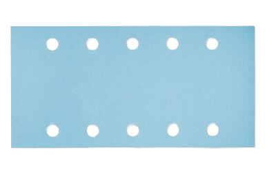 Light blue rectangular sanding sheet with evenly spaced holes, part of sandpaper and power tool accessories collection
