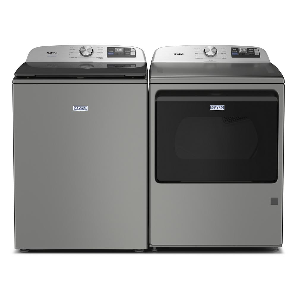 Matching silver top load washer and front load dryer with digital controls in washers and appliances collection