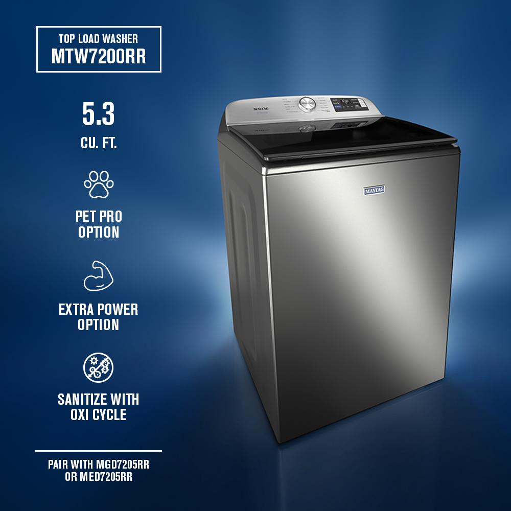 Stainless steel top load washer with digital controls, pet hair filter, extra power, and sanitize cycle in washers collection