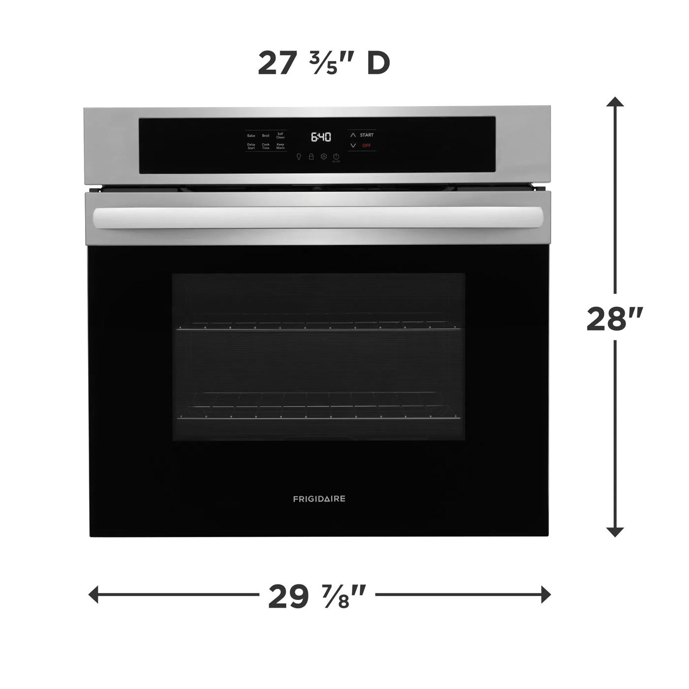 Front view of stainless steel electric wall oven with black glass door and digital control panel from wall ovens collection