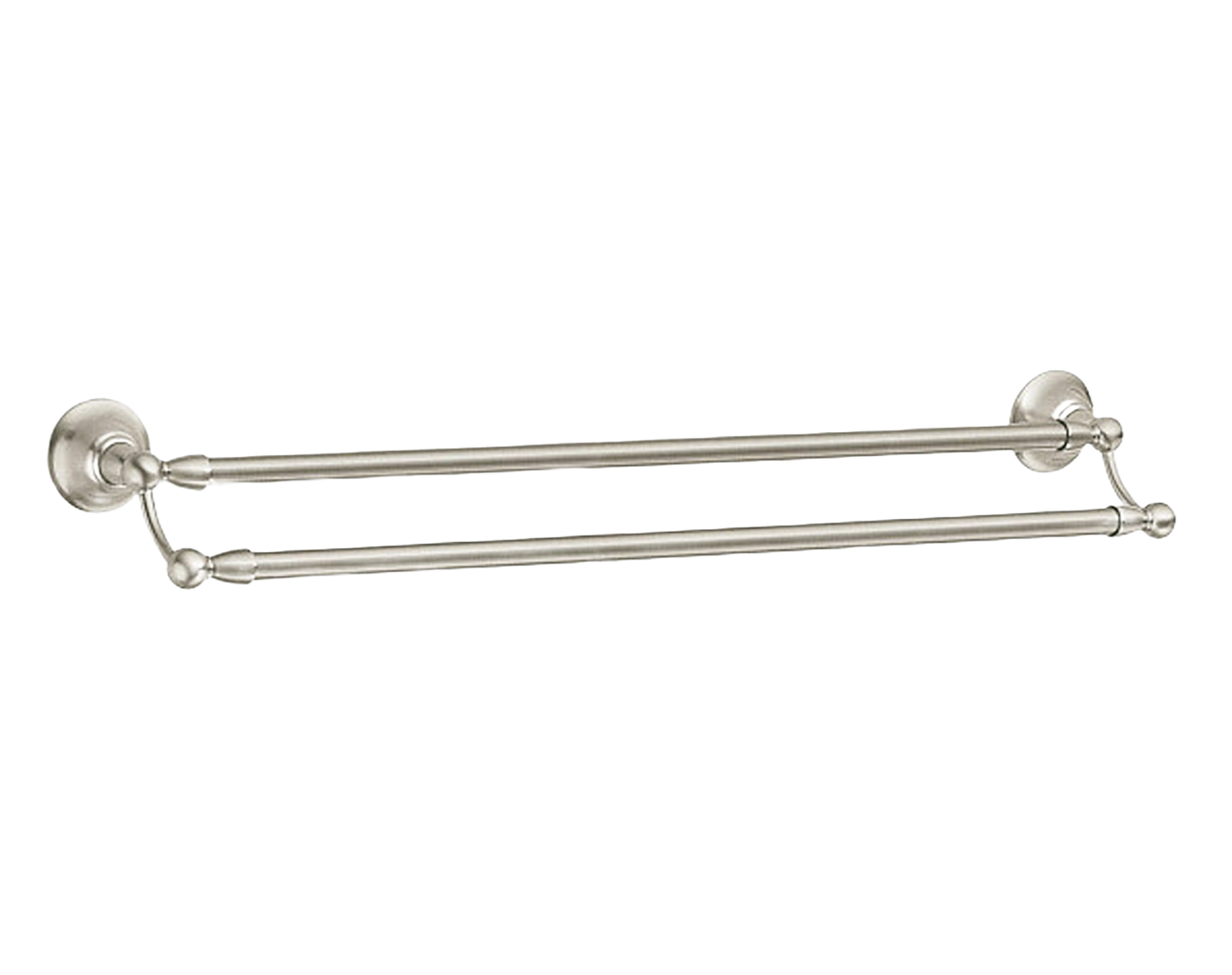 Brushed nickel double towel bar with decorative round mounting plates for bathroom organization and home improvement