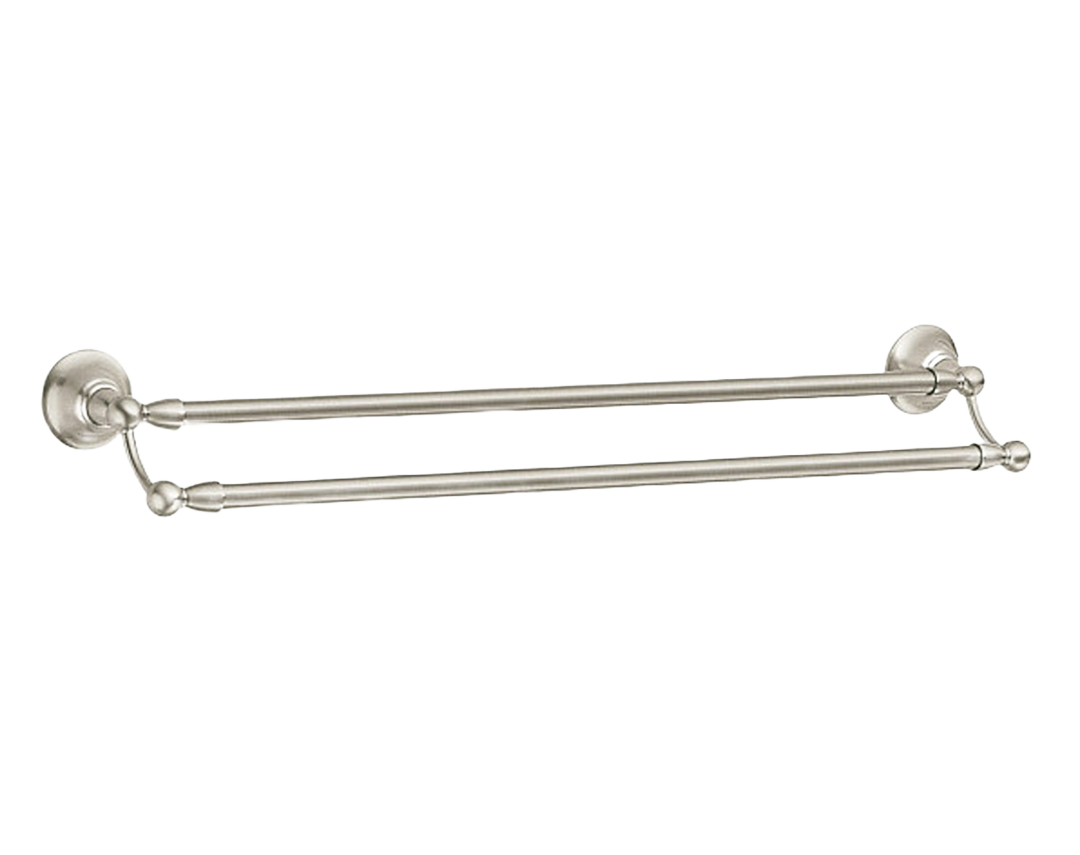Brushed nickel double towel bar with decorative round mounting plates for bathroom organization and home improvement