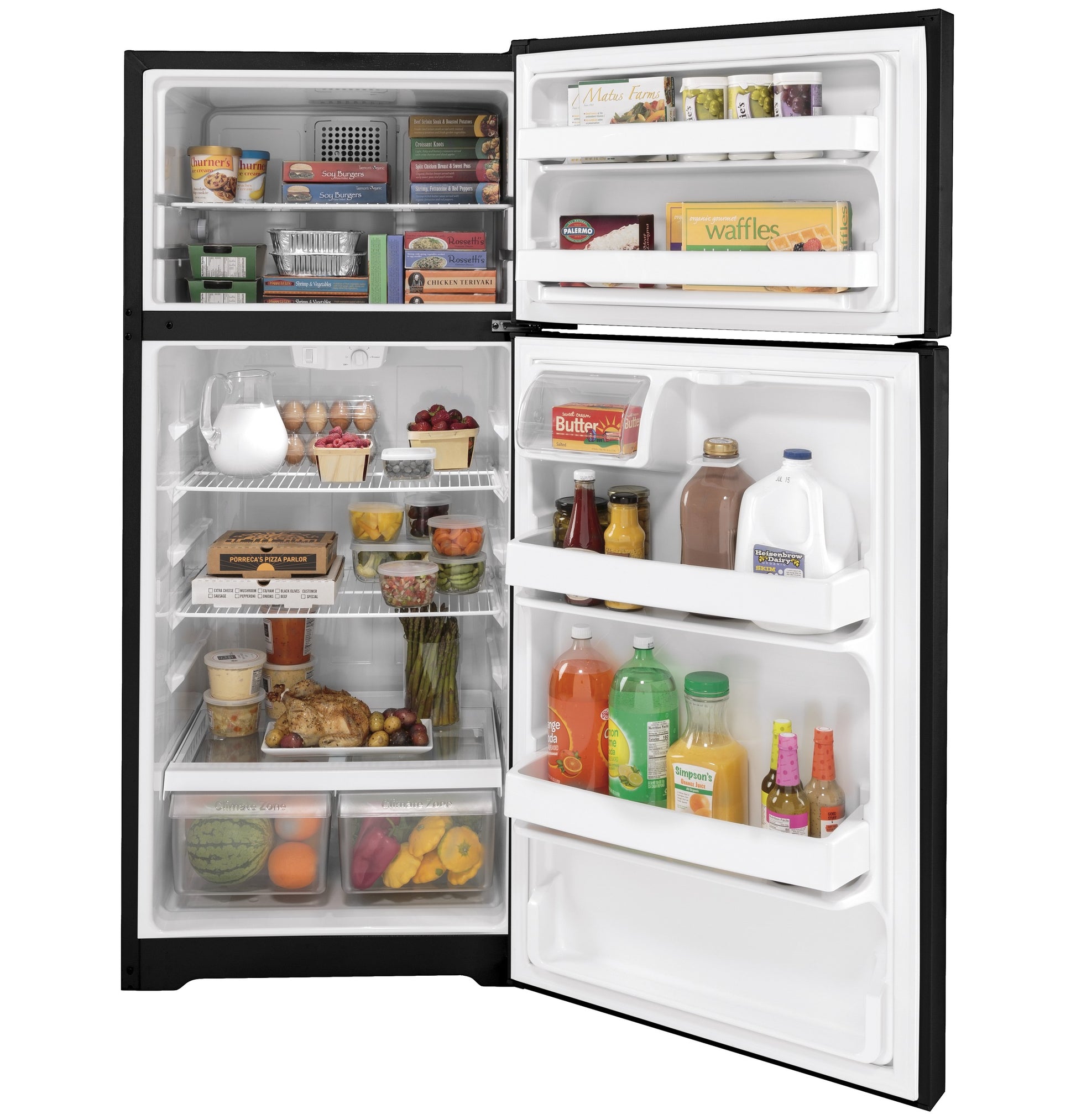 Black top-freezer refrigerator open to show organized interior with food and beverages in kitchen appliances collection