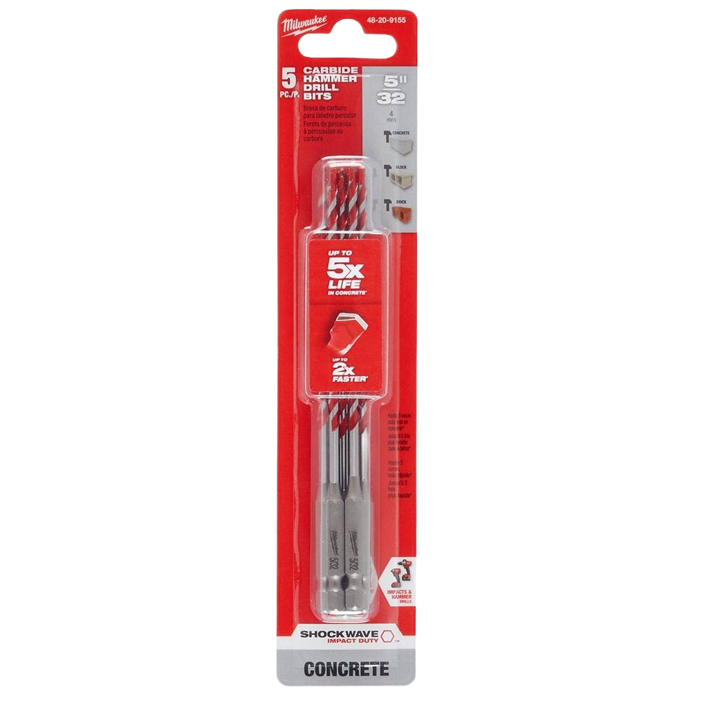Pack of five 5/32 inch carbide hammer drill bits for concrete in Milwaukee power tool accessories under $50 collection