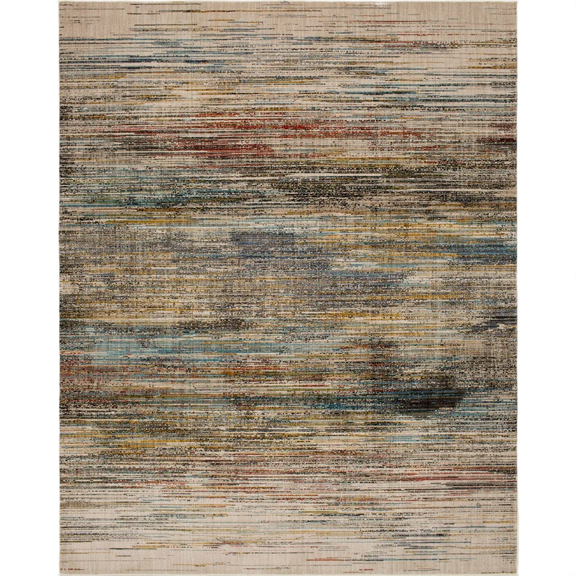 Abstract patterned area rug with muted oyster, blue, and rust tones for home decor and flooring collections