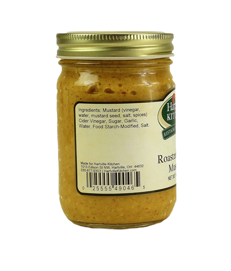 Glass jar of Hartville Kitchen roasted garlic mustard with gold metal lid in condiments and sauces under $50 category