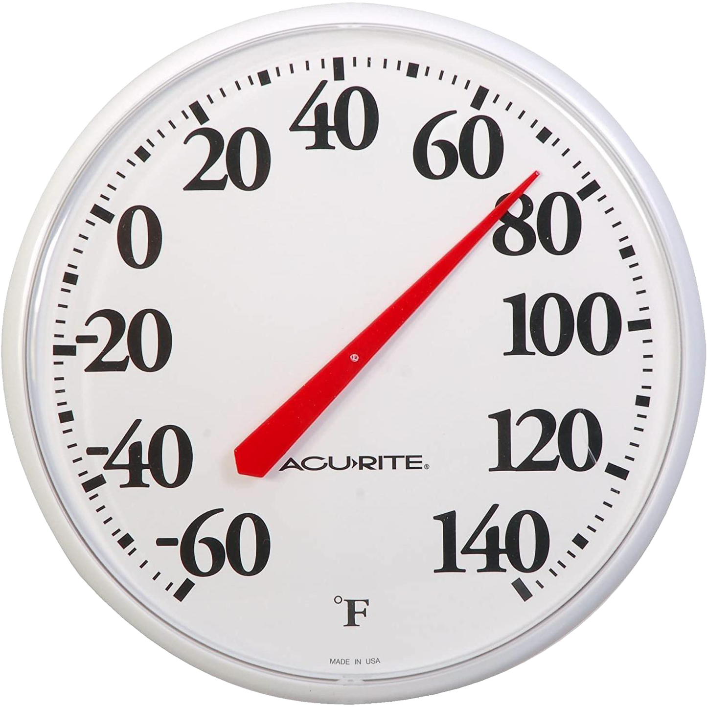 White round outdoor thermometer with bold black numbers and red pointer in weather stations and lawn & garden collections