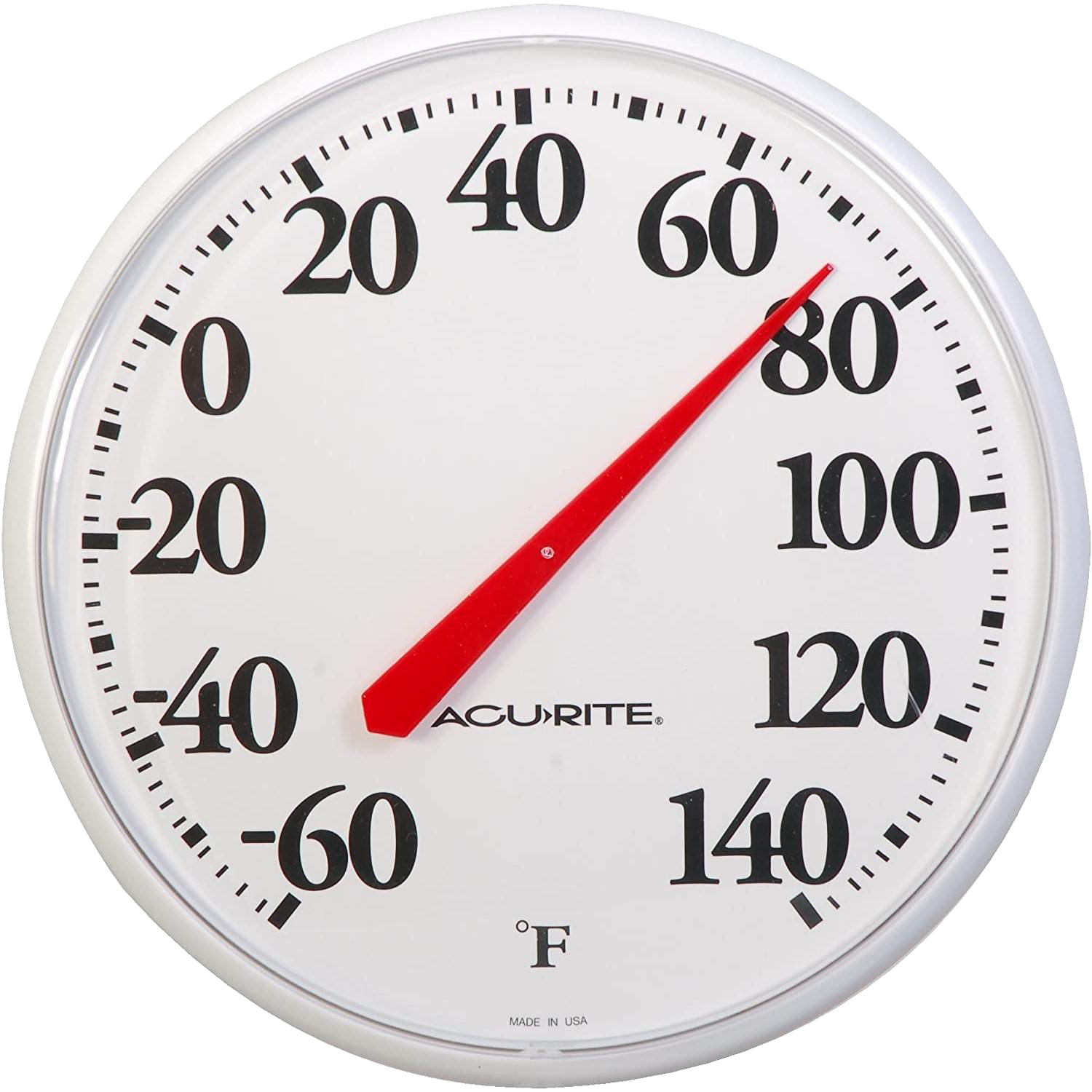 White round outdoor thermometer with bold black numbers and red pointer in weather stations and lawn & garden collections