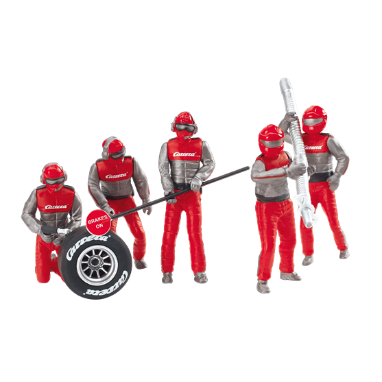 Five red and silver mechanic figures in helmets holding racing tools and a tire for pit crew role play