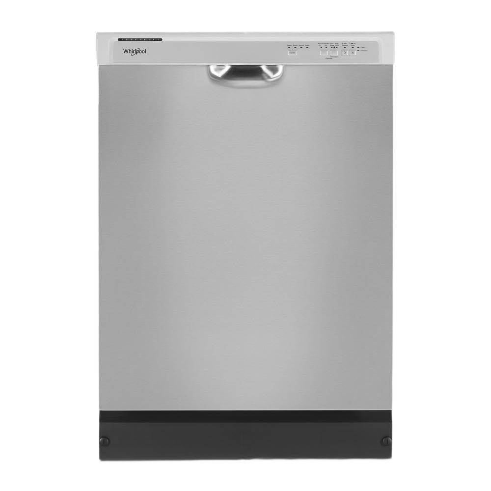 Stainless steel dishwasher with top control panel and handle in modern kitchenware and appliance collection