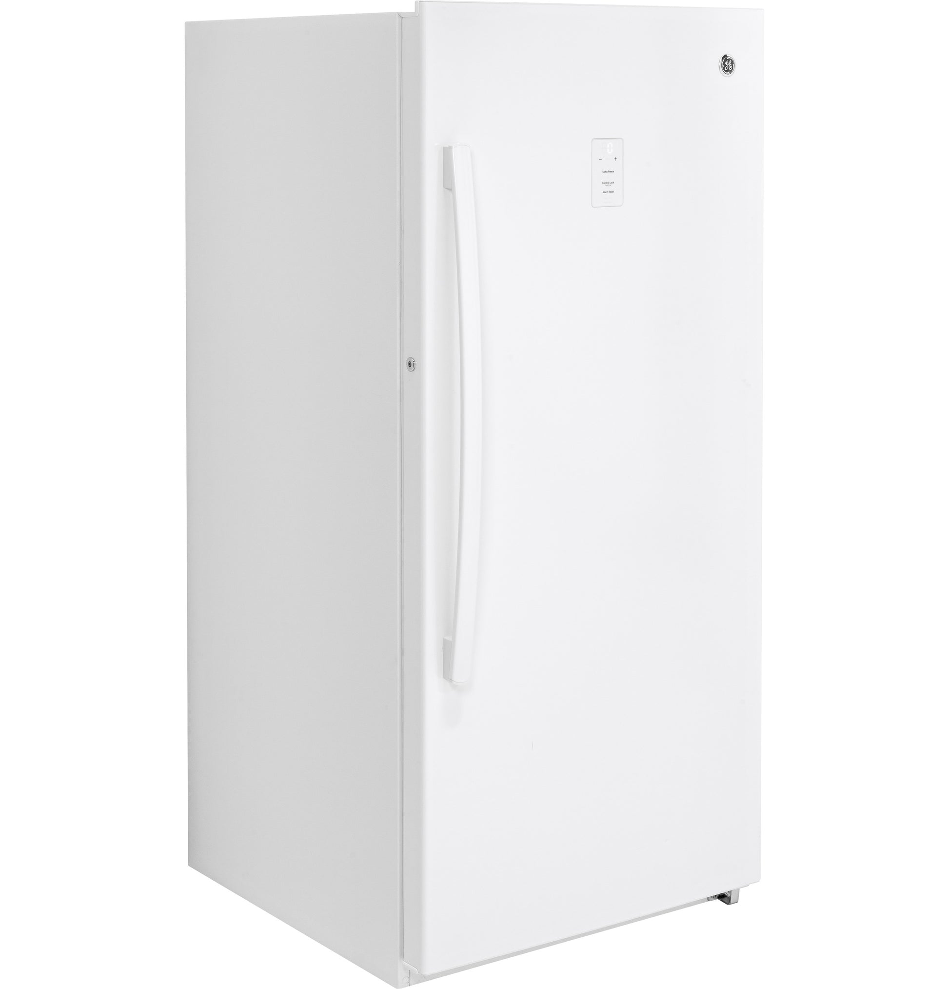 White upright frost-free freezer with vertical handle and digital control panel in kitchen appliance setting