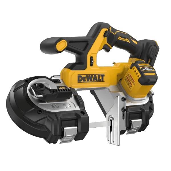 Yellow and black cordless battery powered band saw with brushless motor for professional power tool users