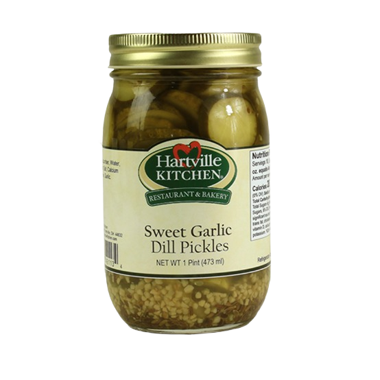 Jar of Hartville Kitchen sweet garlic dill pickles with a gold lid, part of Fruits & Vegetables under $25 collection