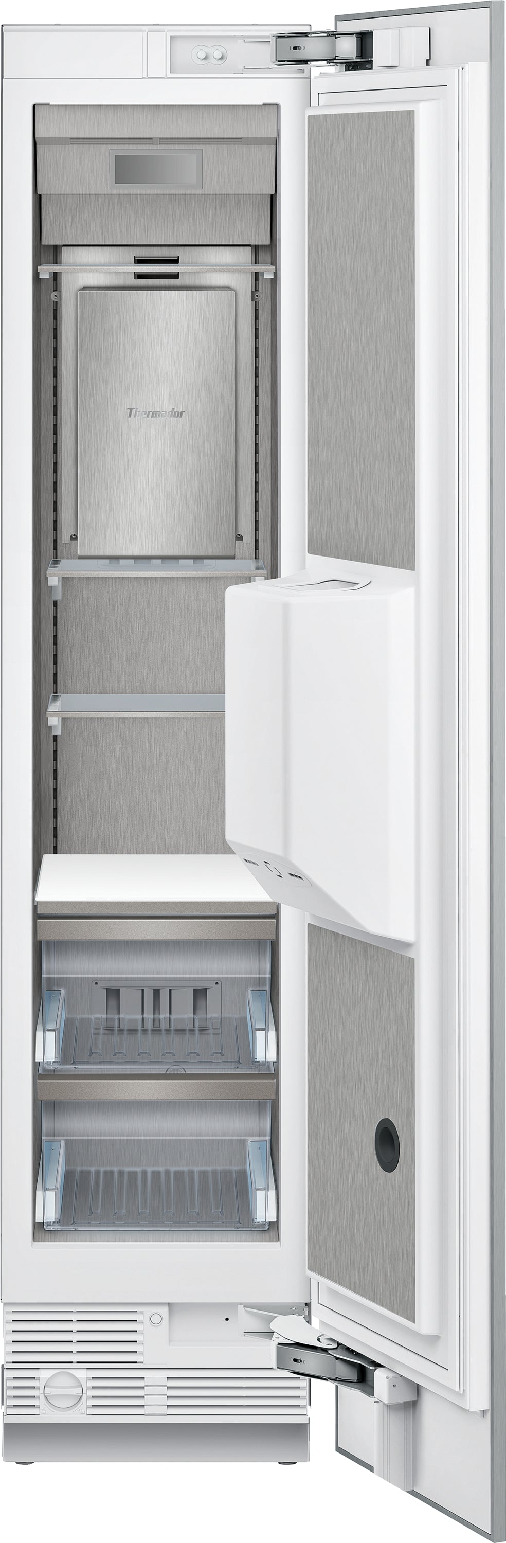 Built-in stainless steel freezer column with panel-ready door and external ice and water dispenser in Thermador refrigerators collection