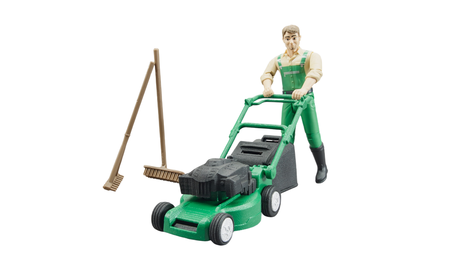 Detailed gardener figure in green dungarees with green lawn mower and garden rake in toys and games collection