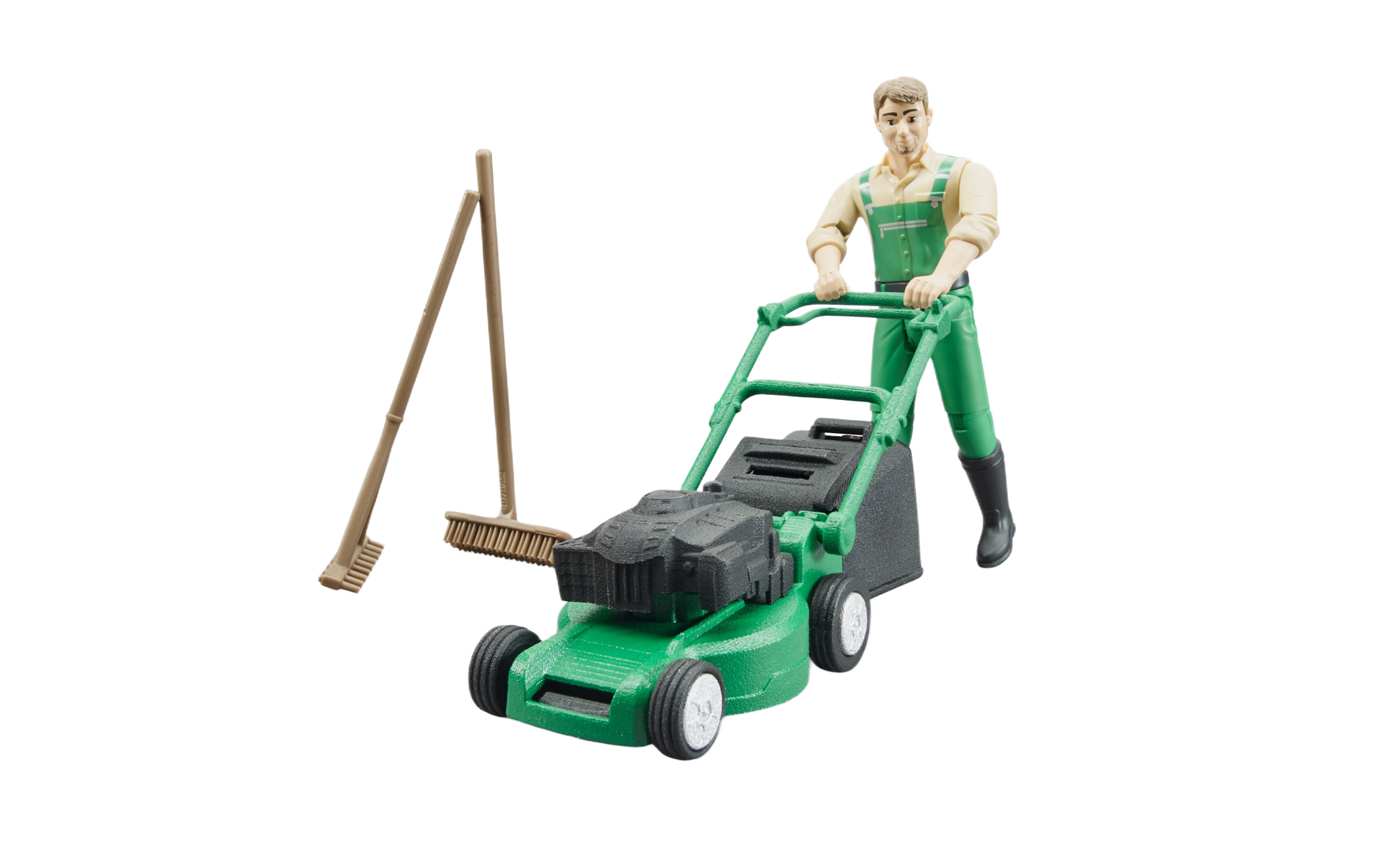 Detailed gardener figure in green dungarees with green lawn mower and garden rake in toys and games collection
