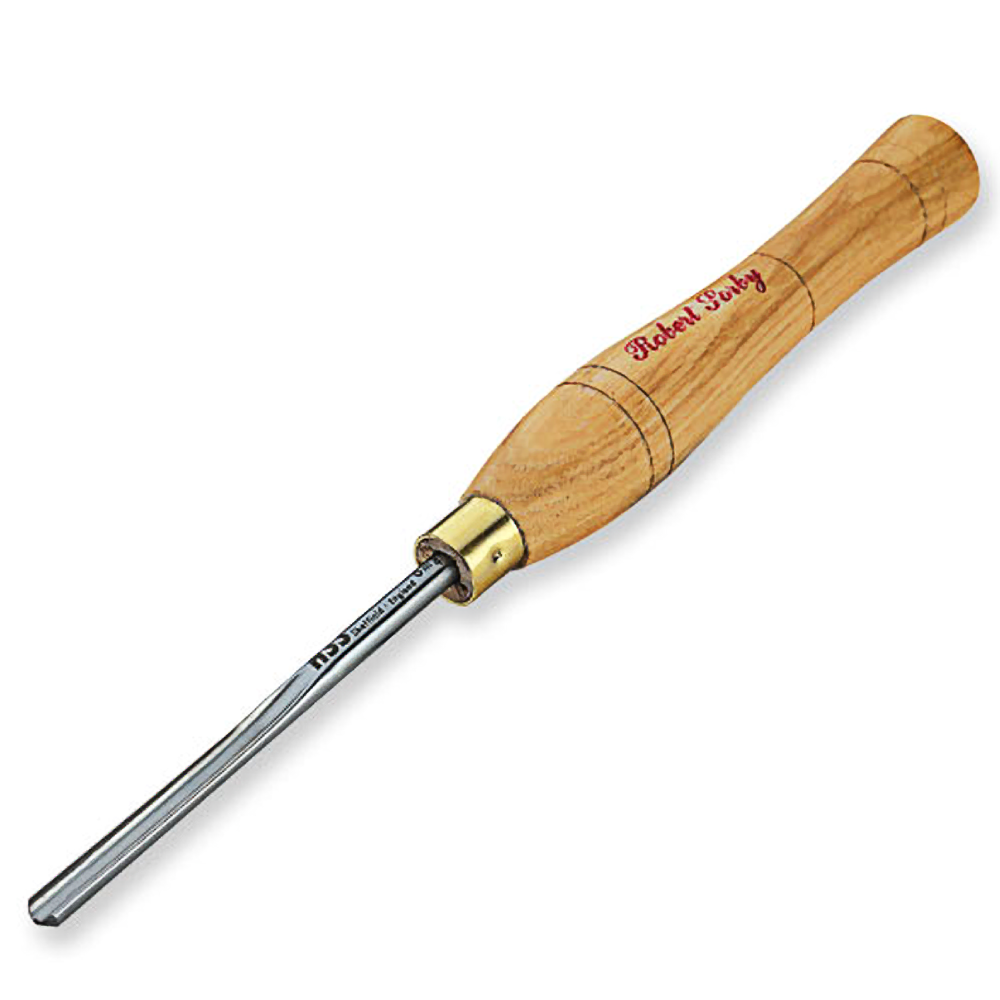Woodturning spindle gouge with polished steel blade and ergonomic wooden handle for precision woodworking tools collection
