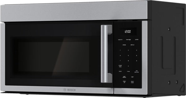 Stainless steel over-the-range microwave with a left side-opening door, digital touch controls, and LED display, part of Bosch Appliances and Kitchen & Kitchenware collections.