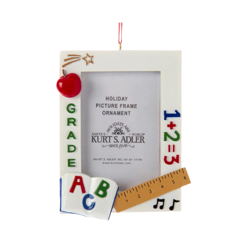 Personalized Christmas picture frame ornament with school-themed decorations including a ruler, apple, and ABC letters