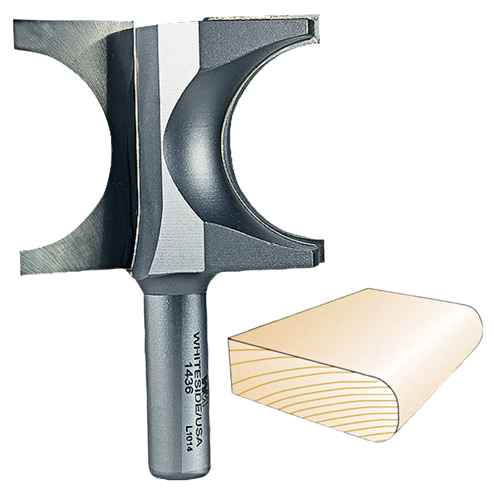 Whiteside Bull Nose router bit shown with rounded wood edge sample for woodworking and tool accessories collections