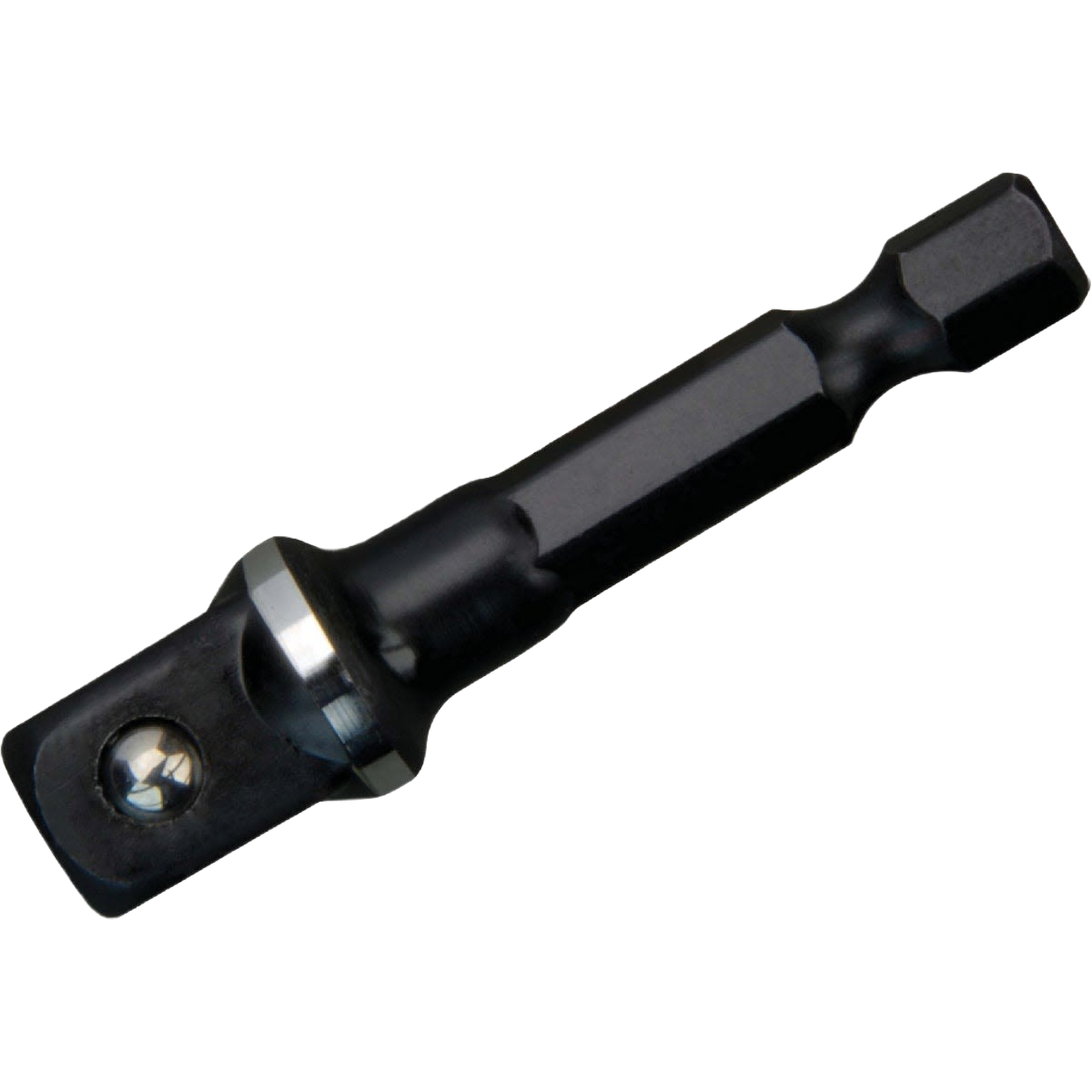Black steel impact socket adapter with hex shank for use with drill drivers in home improvement tool sets