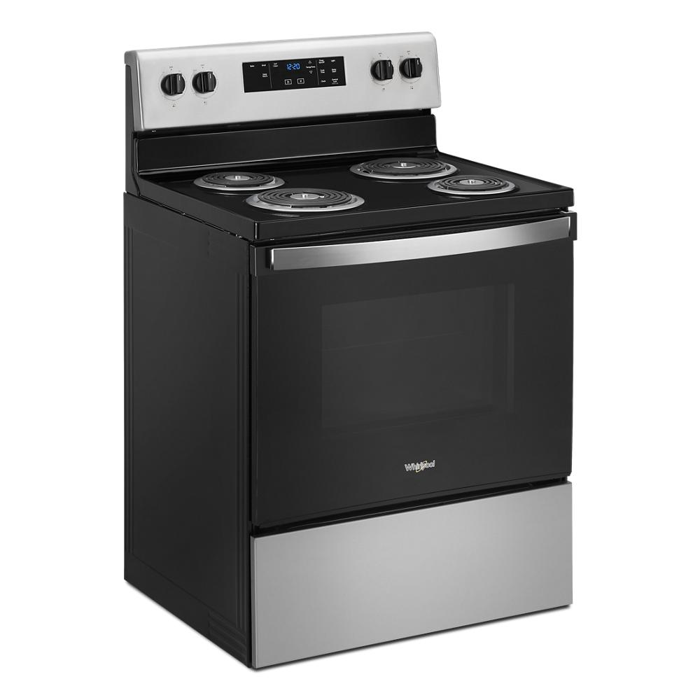 electric range with four coil burners, digital control panel, and stainless steel accents for kitchen appliances and home improvement