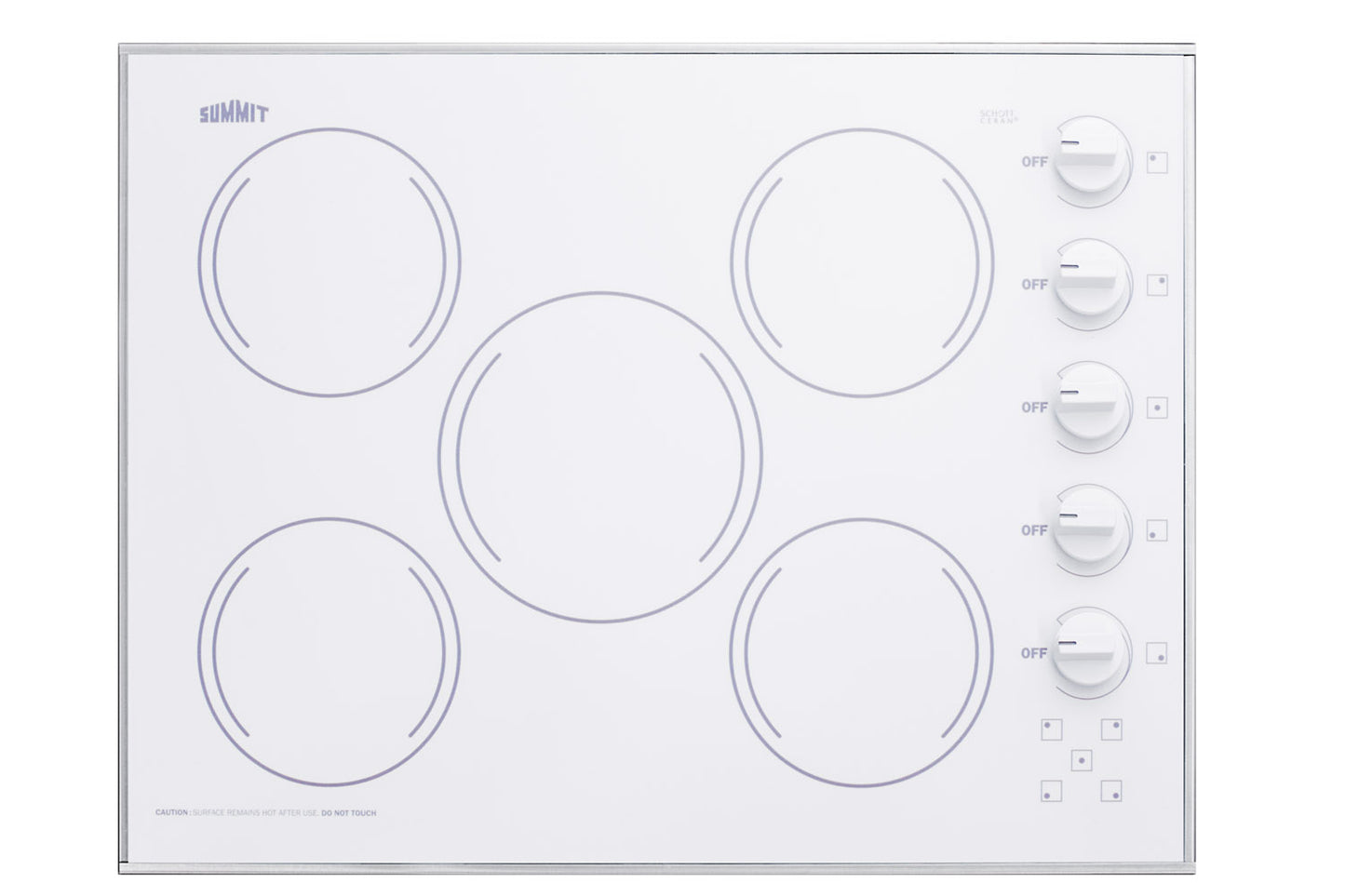 White smooth-top electric cooktop with five radiant burners and side control knobs in kitchen appliances collection