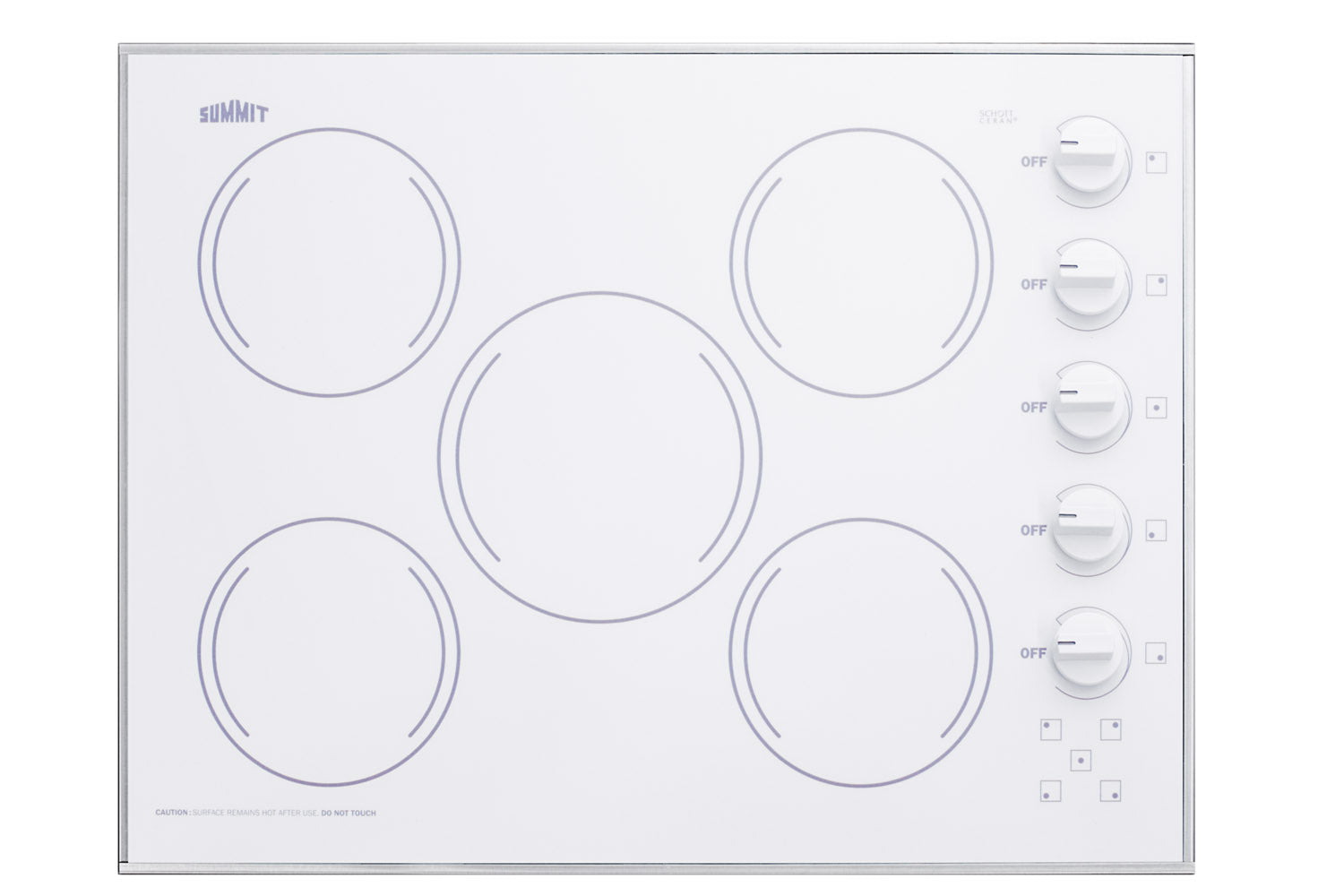 White smooth-top electric cooktop with five radiant burners and side control knobs in kitchen appliances collection