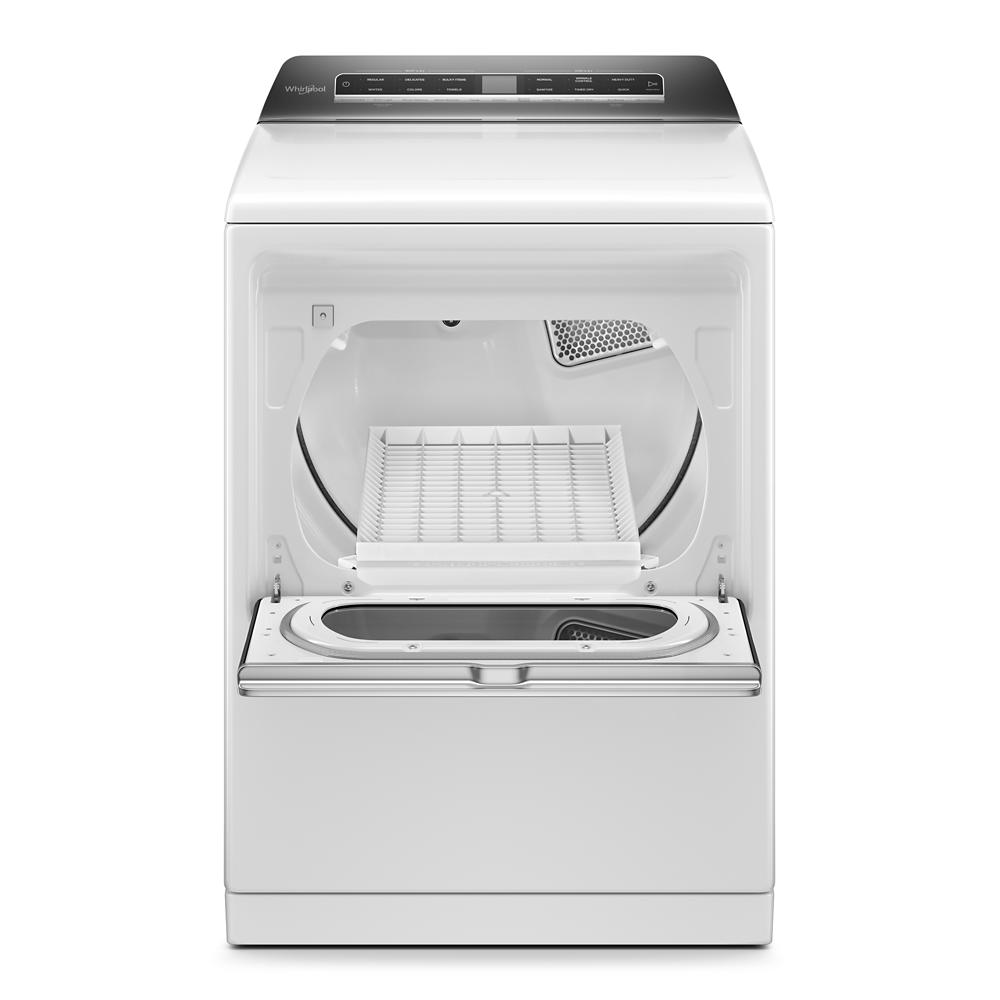 Front view of white top load electric dryer with open door showing lint filter and drum interior from Dryers collection