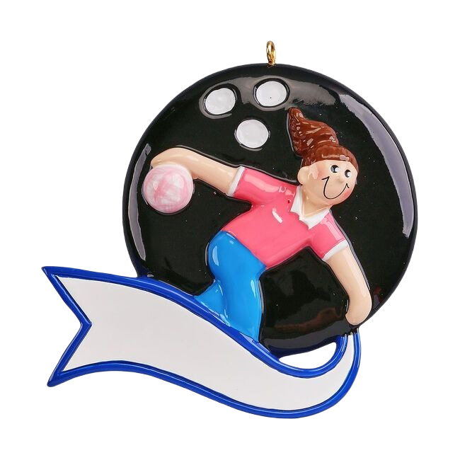 Girl in pink shirt and blue pants bowling with a ball on a black background ornament under $50 Christmas decorations
