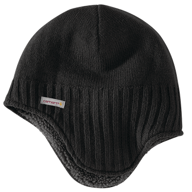 Black knit earflap hat with soft sherpa lining designed for warmth in cold weather conditions