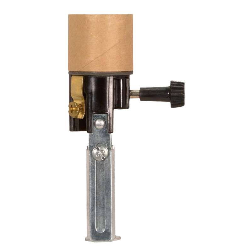 Adjustable medium base light socket with black plastic switch and metal mounting bracket for electrical and lighting projects