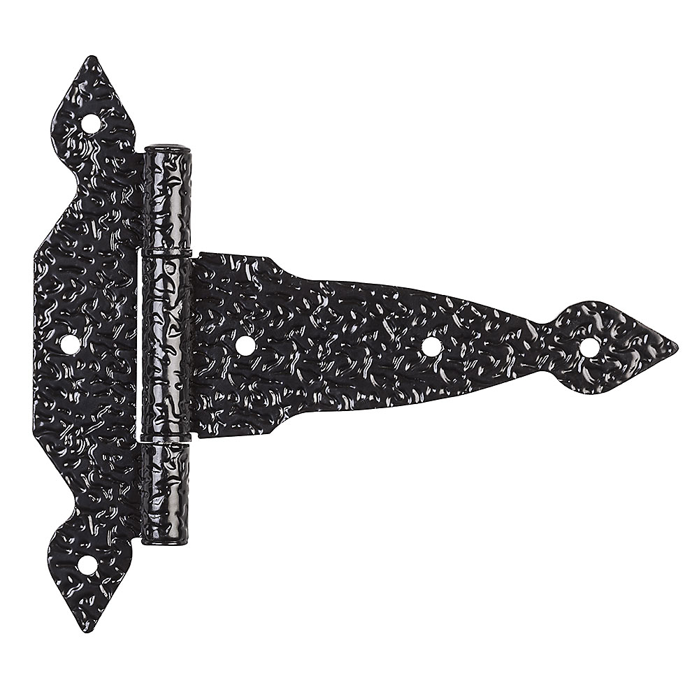 Textured black decorative spear T-hinge with surface mount design for home improvement and door hardware under $50