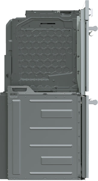 Side view of a professional double steam wall oven in gray metal from Thermador kitchen appliances collection