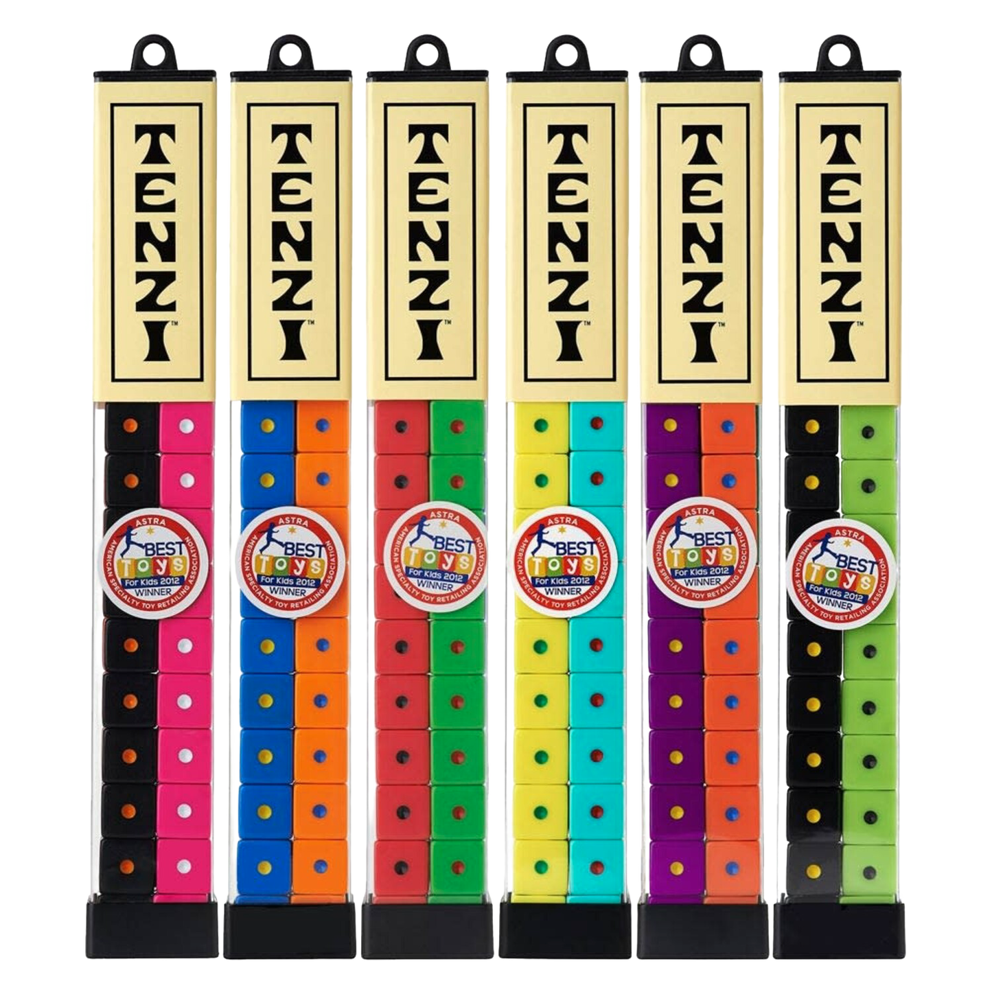 Sets of colorful Tenzi dice in clear tubes with black tops, part of Toys & Games and Under $50 collections