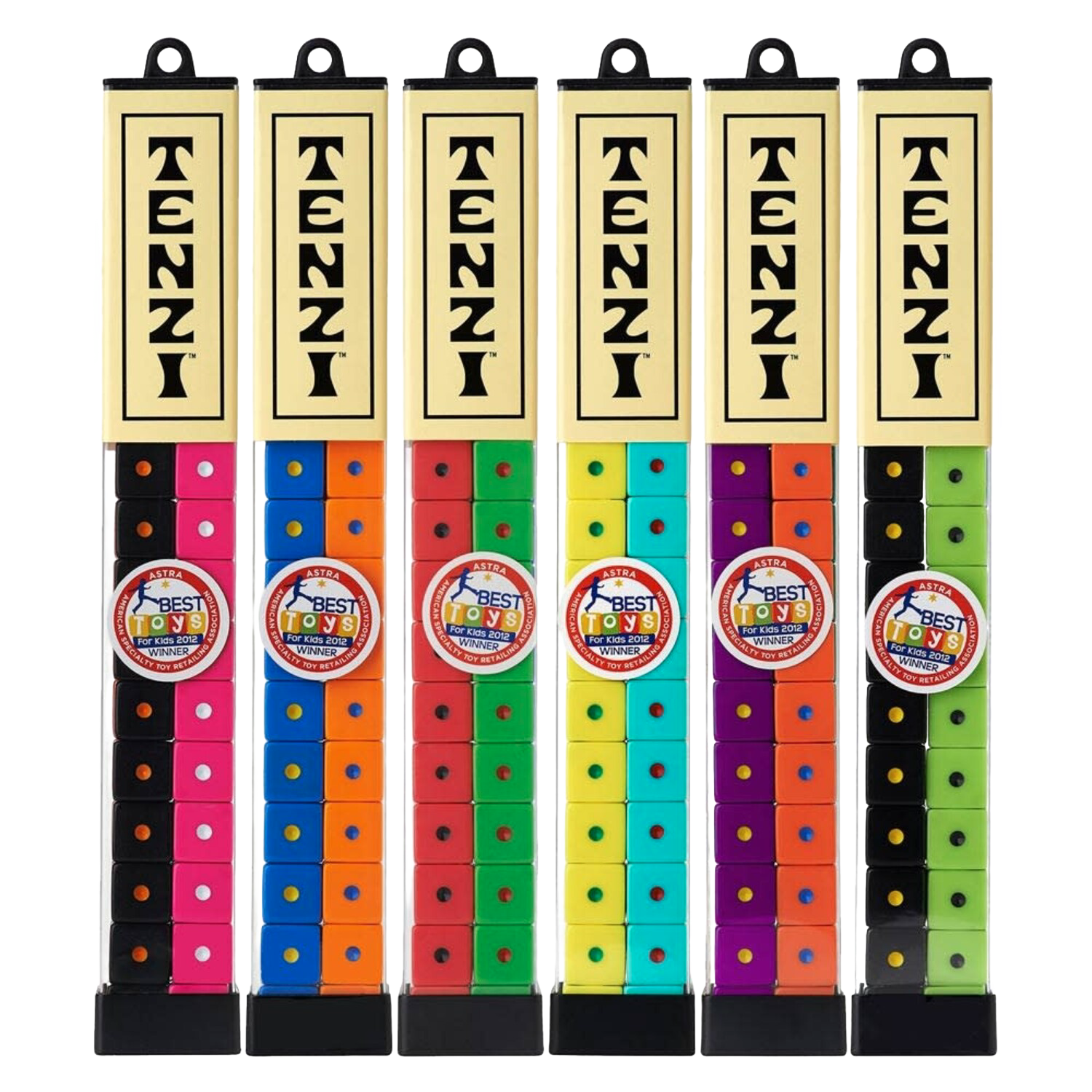 Sets of colorful Tenzi dice in clear tubes with black tops, part of Toys & Games and Under $50 collections