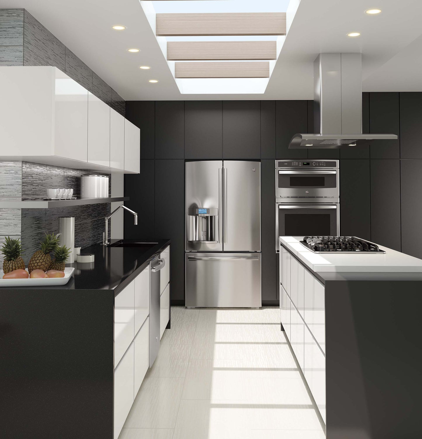 Contemporary kitchen with stainless steel appliances including built-in oven, refrigerator, and island cooktop with vent hood