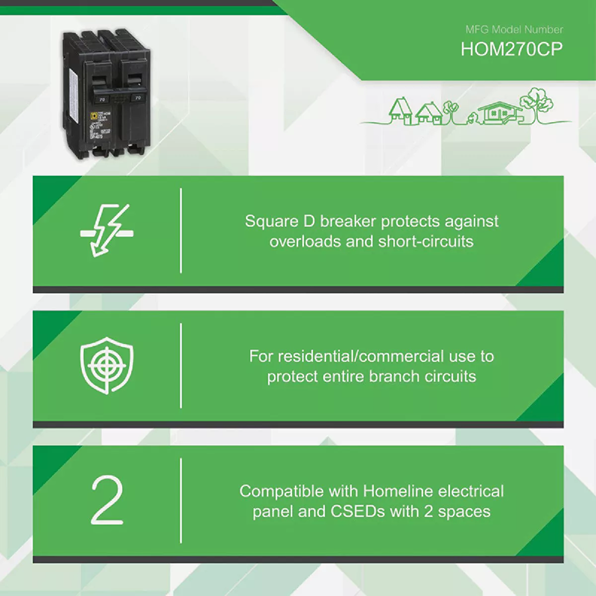 Black double-pole circuit breaker designed for overload and short-circuit protection in home improvement projects