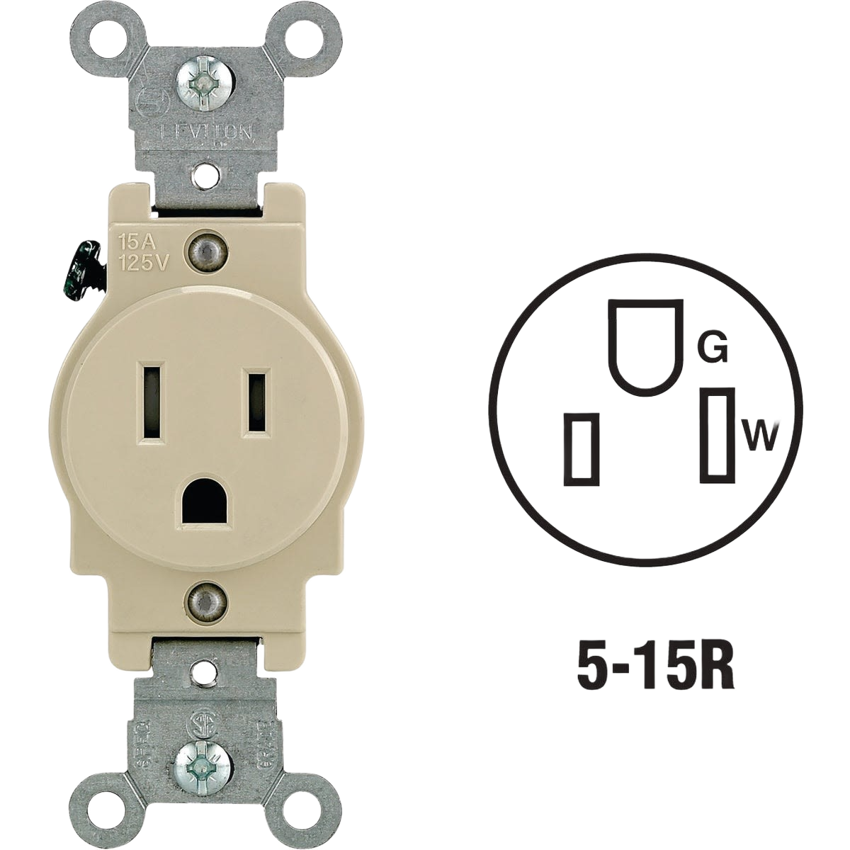 Ivory commercial grade tamper resistant electrical outlet with metal mounting bracket for home improvement projects