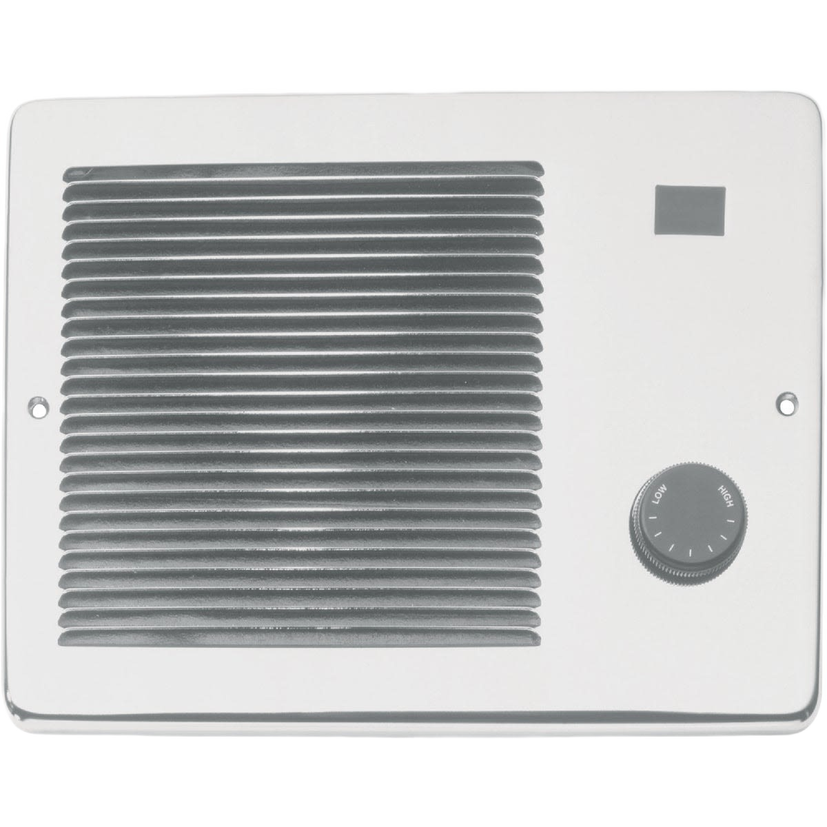 White electric wall heater with grey vent grille and adjustable temperature control knob for home improvement use