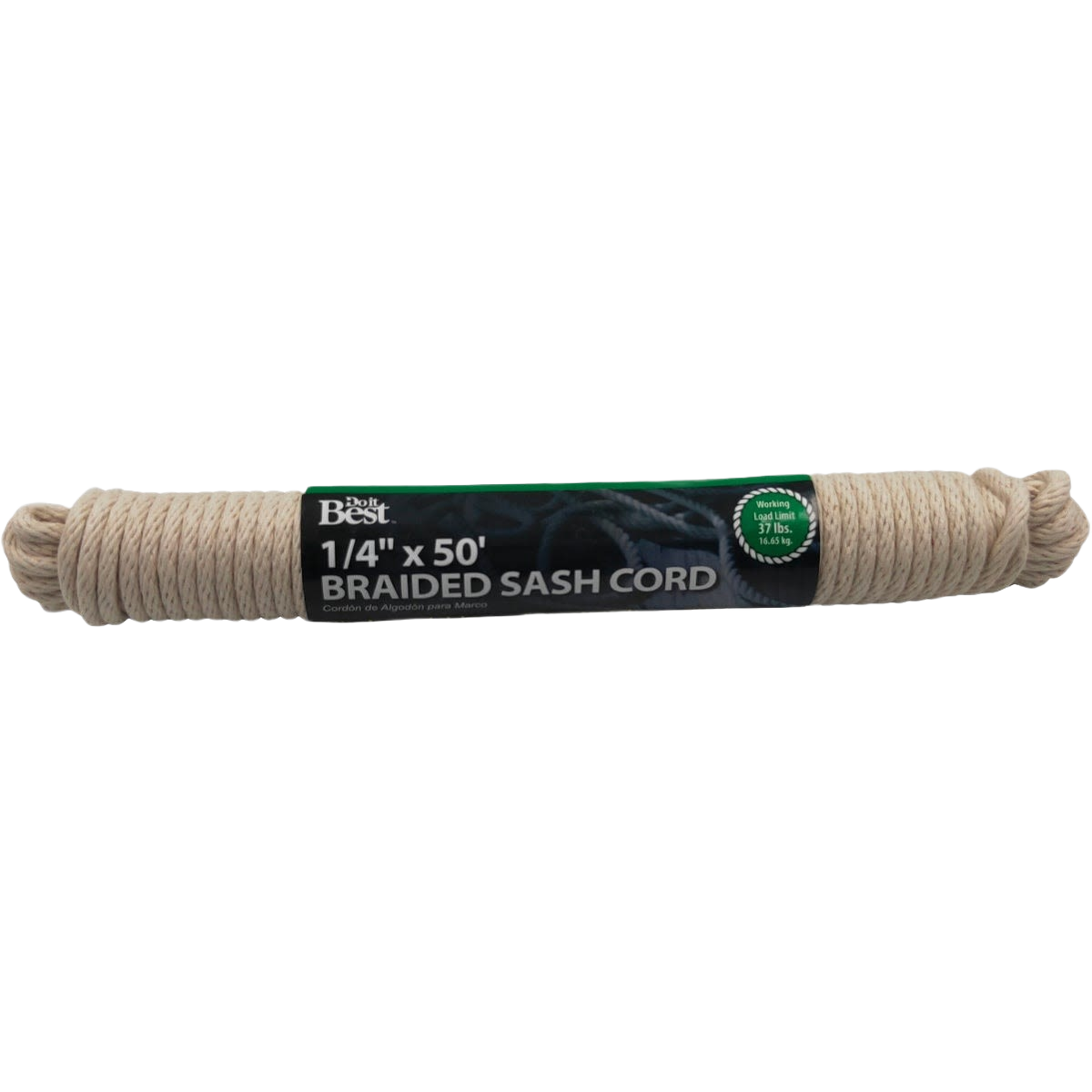White solid braided cotton sash cord neatly coiled with product label for home improvement and tools use