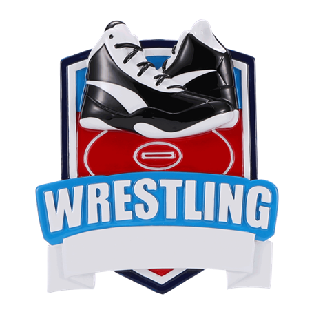 Wrestling shield ornament featuring black and white shoes with mat design, perfect for Christmas tree decorations under $50 collection