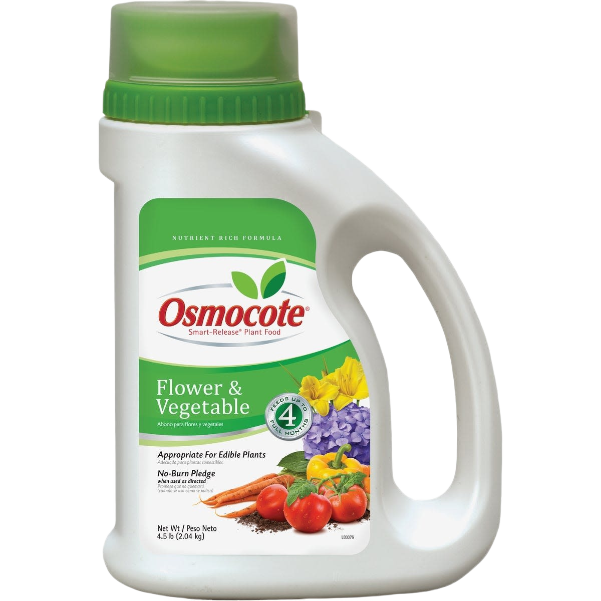 White and green container of Osmocote Smart Release plant food designed for flowers and vegetables with images of produce on label