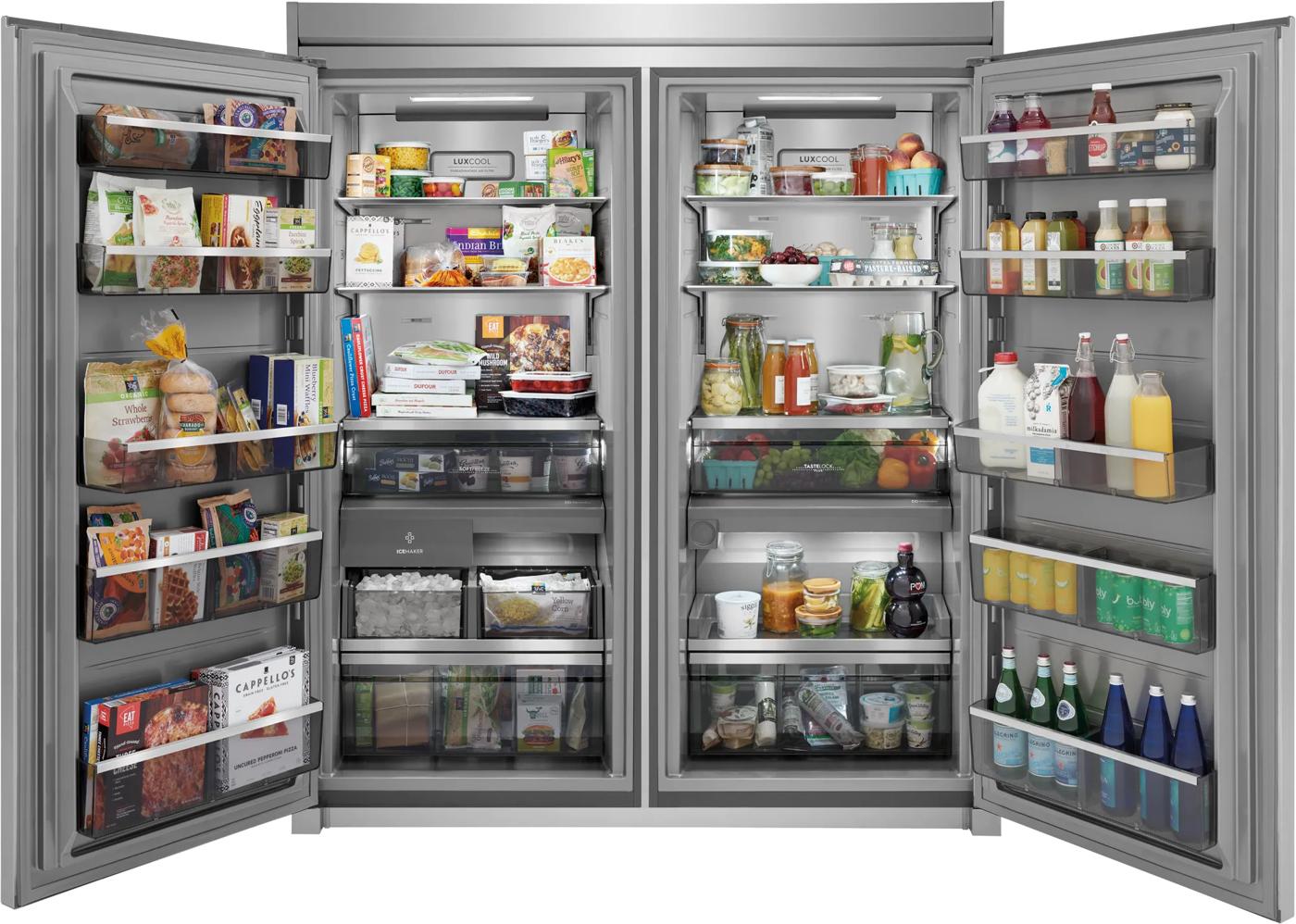 Open stainless steel side-by-side refrigerator with organized shelves and door compartments in Appliances and Kitchen & Kitchenware collections