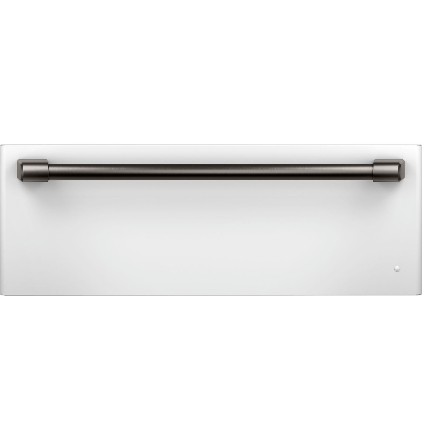 White warming drawer front with long dark metal handle from kitchen and wall ovens appliances collection