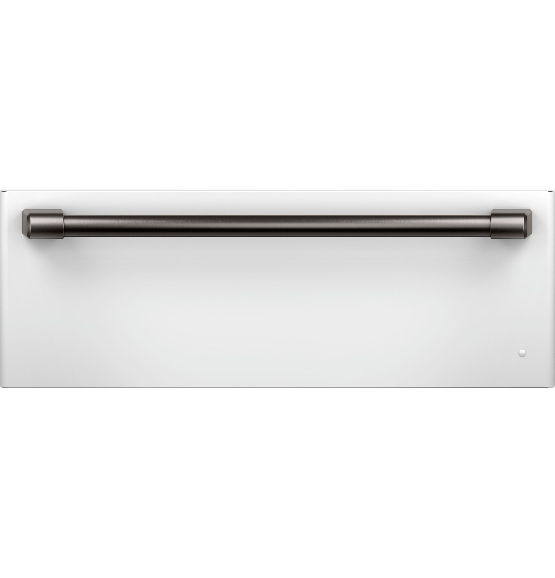 White warming drawer front with long dark metal handle from kitchen and wall ovens appliances collection