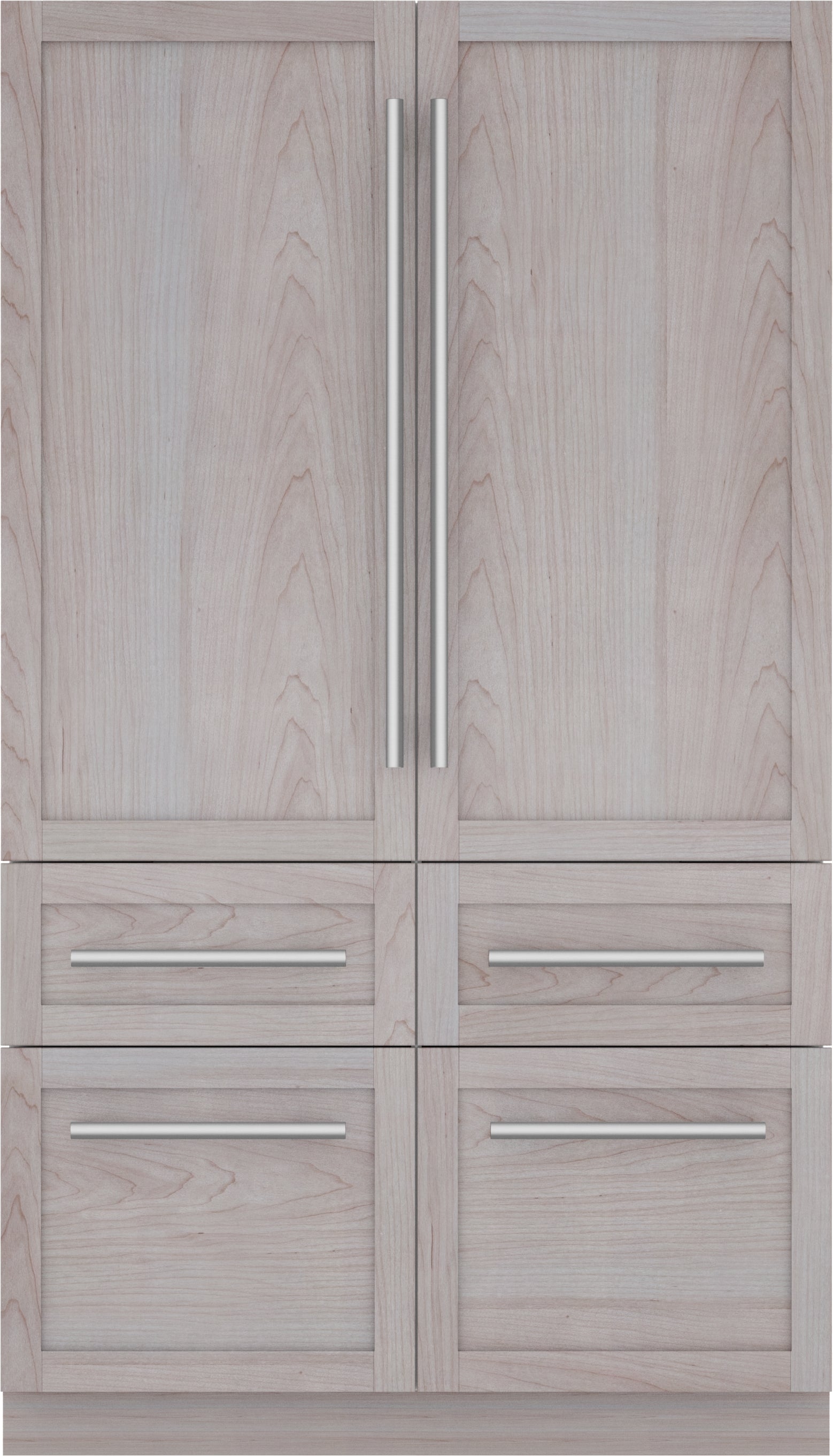 Panel-ready built-in French door refrigerator with bottom freezer featuring wood-paneled fronts and modern metal handles