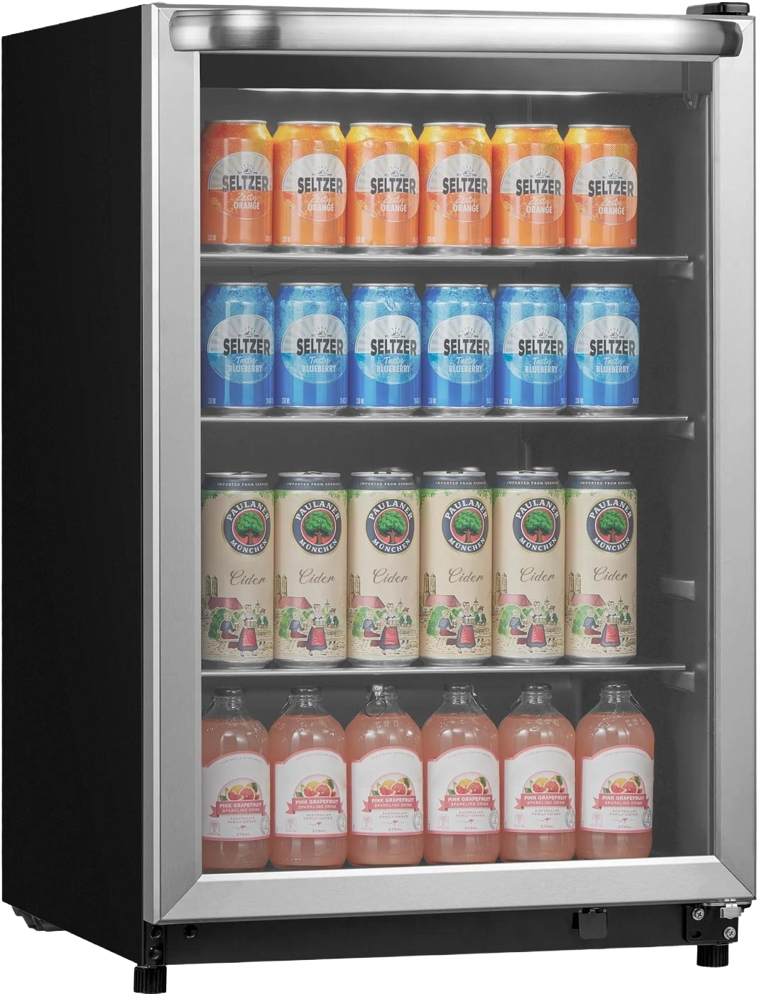 Sleek stainless-steel beverage center with tinted glass door, adjustable glass shelves stocked with assorted canned and bottled drinks, ideal for Refrigerators, Kitchen & Kitchenware, Beverage Centers, and Appliances collections.
