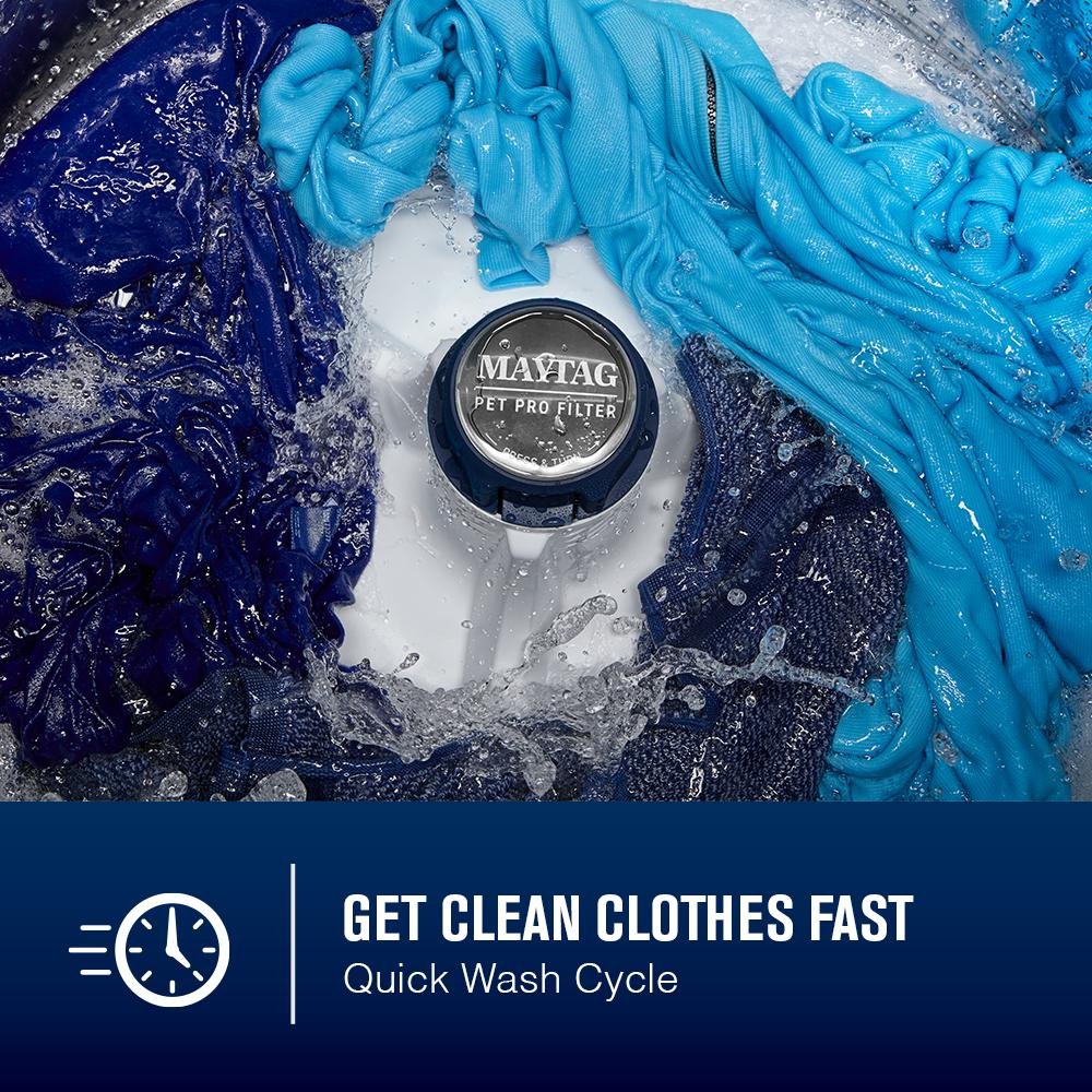 Top load washer tub with active Pet Pro filter agitating blue garments, part of washers and appliances collection