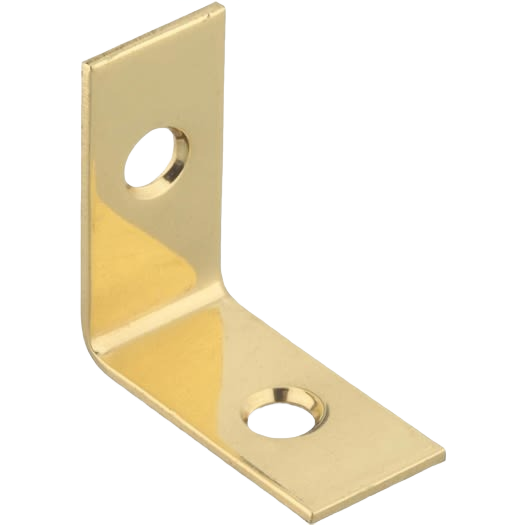 Solid brass corner brace with two screw holes for reinforcing joints in building hardware and lumber materials collections